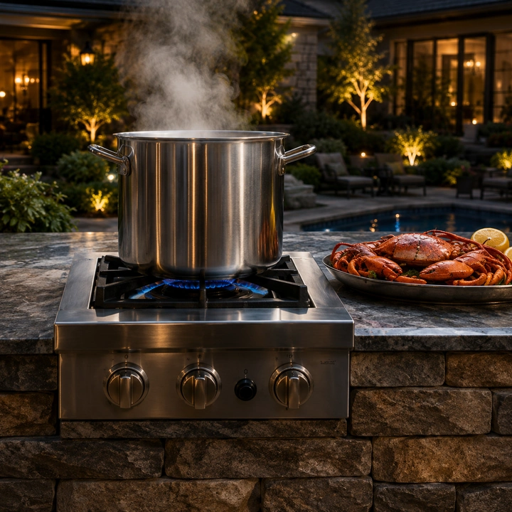 AM Developers LLC built a high-output stainless steel power burner in a stone grill island beside a Middleburg VA poolside patio for large-pot outdoor cooking.