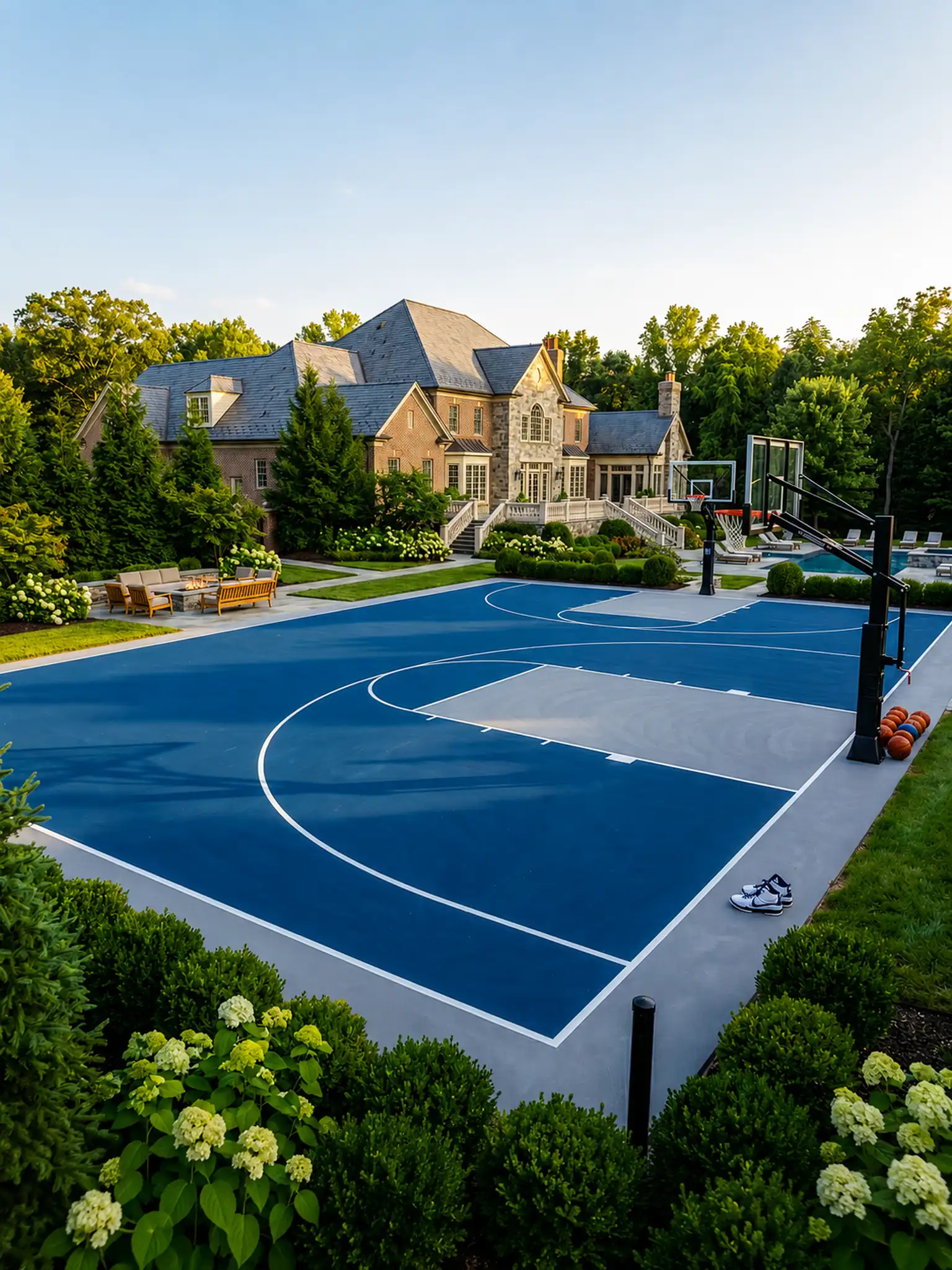 Luxury estate backyard with a blue basketball sport court, nearby swimming pool, multiple hoop systems, white court striping, gray key areas, manicured lawn, hydrangea borders, evergreen privacy planting, and a large stone and brick home in Germantown, Maryland. The recreation layout includes a full-size outdoor court surface with crisp basketball arcs, free throw lanes, baseline markings, two adjustable hoops, a ball rack along the edge, athletic shoes near the sideline, bench seating, a fire pit gathering area, poolside lounge chairs, and a swimming pool visible beyond the far hoop. AM Developers LLC plans residential game courts like this with backyard basketball court construction, post-tension concrete basketball court preparation, acrylic hard court coatings, cushioned gel court systems, multi-game sport surfaces, yard drainage control for sport courts, horizontal construction sport court methods, modular athletic tile installation, and custom hardscape coordination. Designed and developed by AM Developers LLC, this estate sport court, pool, landscape, patio, and outdoor recreation project reflects AM DEVELOPERS DMV quality, You Dream It, We Build It service, doing business as trade name AM DEVELOPERS DMV, and a Construction Company focused on premium backyard design, durable play surfaces, and family-friendly outdoor living