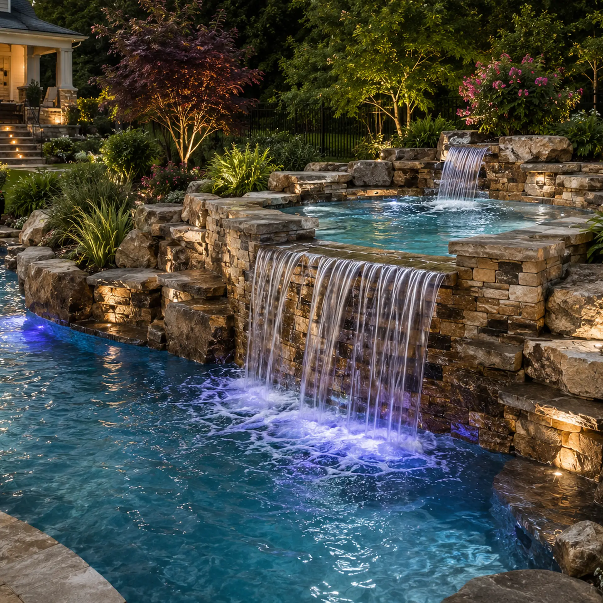 Luxury gunite pool and spa installation with natural stone spillover spa, custom pool waterfall, poolside masonry, LED lighting, and premium outdoor living design in Great Falls Virginia.