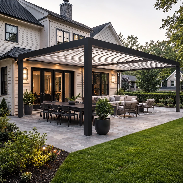 AM Developers LLC built a clean-line backyard pergola on Pine Ridge Court in Ashburn, VA, with black steel frame, roof slats, lighting, dining, and lounge areas.