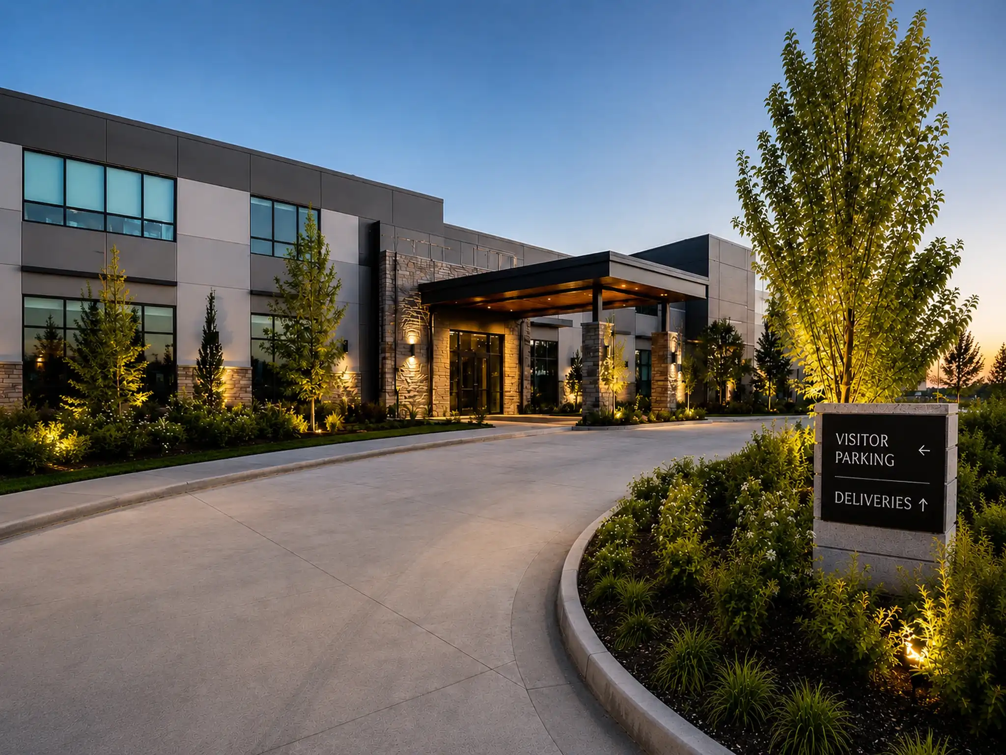 Commercial landscaping and hardscaping installation for a modern corporate office property on Crown Park Ave in Gaithersburg MD, featuring a contemporary building entrance, concrete driveway access, stone veneer columns, covered entry canopy, visitor parking signage, low-voltage landscape lighting, ornamental trees, foundation planting beds, commercial paver and concrete hardscape work, and professional exterior site design by AM Developers DMV.