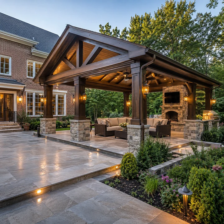 Engineered pavilion footings by AM Developers LLC support a timber backyard structure in Mitchellville, MD, with wood trusses, stone column bases, gable roof, fireplace lounge, and grill station set.