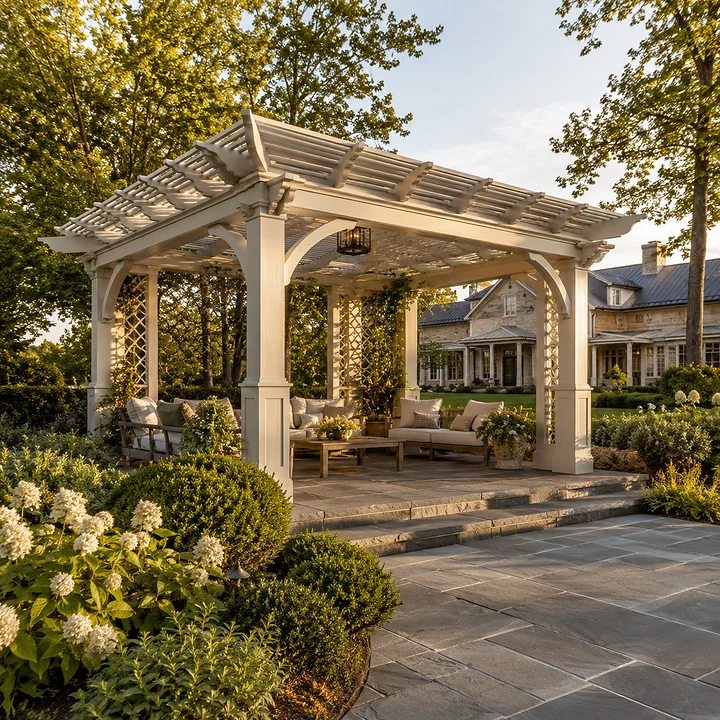 AM Developers LLC created an architectural garden gazebo with white wood posts, curved brackets, trellis roof slats, lattice side panels, stone steps, lounge seating, planters, and shaded garden views