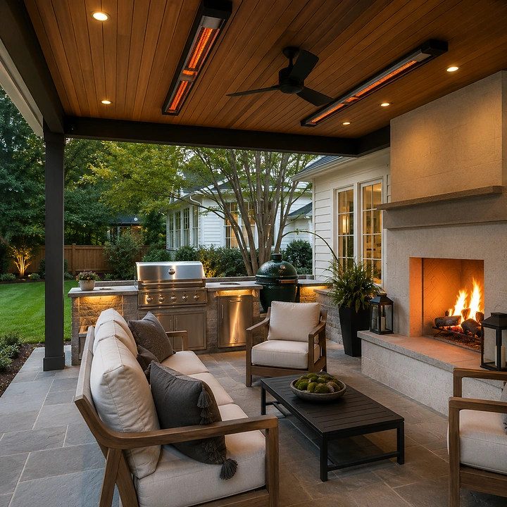 AM Developers LLC built a heated outdoor living room with ceiling-mounted infrared heaters, wood plank ceiling, fireplace, kitchen, grill station, lounge seating, and large-format patio floor.