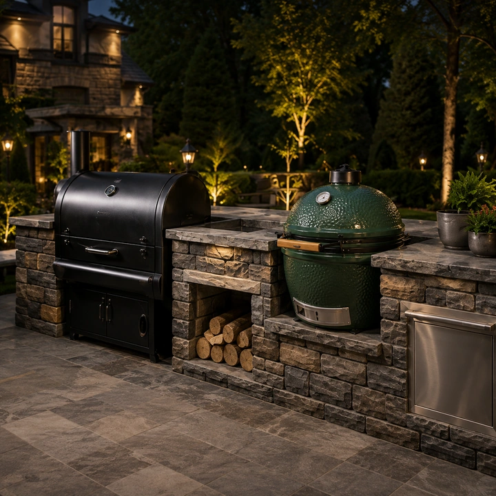 AM Developers LLC built a custom stone smoker and kamado grill island with a black pellet smoker, green ceramic cooker, stacked stone veneer, storage, and lighting for a luxury Washington DC patio.