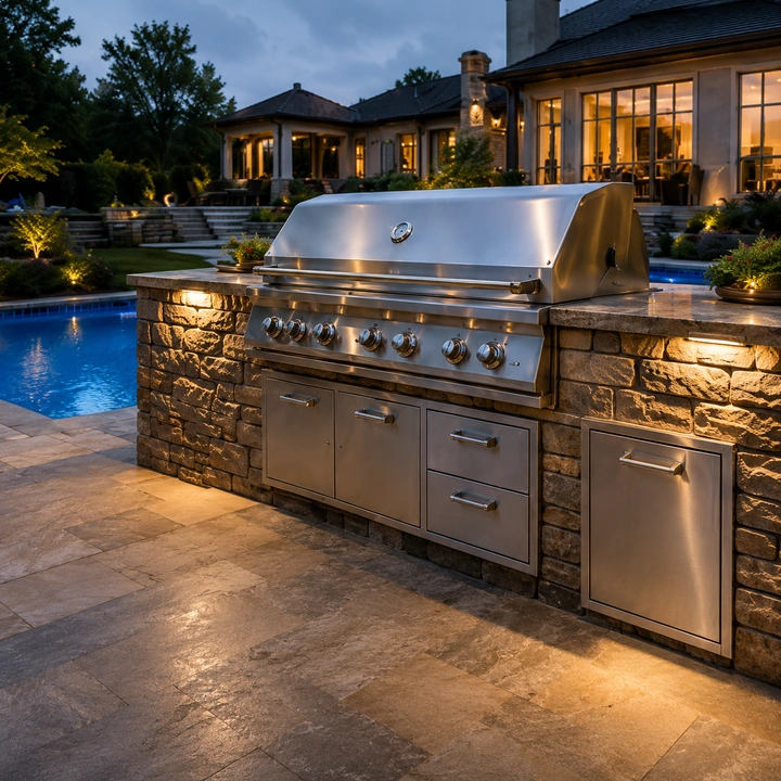 AM Developers LLC built a premium outdoor kitchen grill island with stone masonry beside a luxury poolside patio.