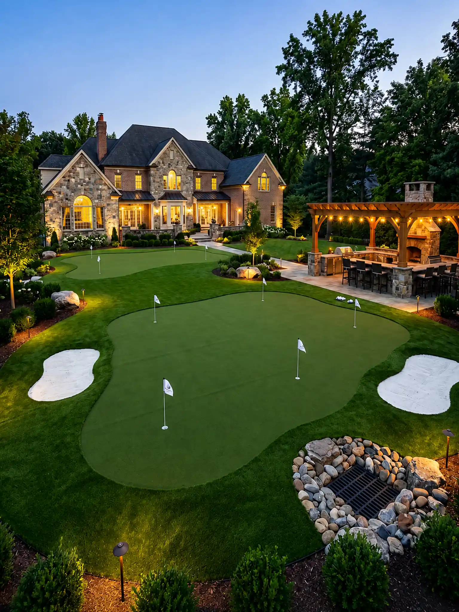 Luxury residential backyard putting green with synthetic turf golf surfaces, multiple cup flags, white sand bunker areas, curved fringe turf, manicured lawn, decorative stone drainage feature, landscape lighting, and an outdoor pavilion beside a large stone and brick estate home in Potomac, Maryland. The retreat includes two smooth green practice zones, several putting targets, shaped turf contours, planted borders, hydrangeas, ornamental trees, pathway lighting, boulder accents, a river rock drainage basin, and a covered outdoor kitchen pavilion with dining seating, masonry columns, string lights, and a built-in fireplace. AM Developers LLC creates outdoor recreation environments like this with residential synthetic turf golf putting greens installation contractor planning, backyard country club design build service, artificial grass golf greens contractor expertise, advanced yard drainage control for sport courts, synthetic turf lawn installer methods, astroturf putting green construction, fringe turf grass sand bunkers installer detailing, and luxury outdoor living and sports courts coordination. Designed and developed by AM Developers LLC, this backyard putting green, pavilion, landscape lighting, drainage, patio, and garden project reflects AM DEVELOPERS DMV quality, You Dream It, We Build It service, doing business as trade name AM DEVELOPERS DMV, and a Construction Company focused on premium living.
