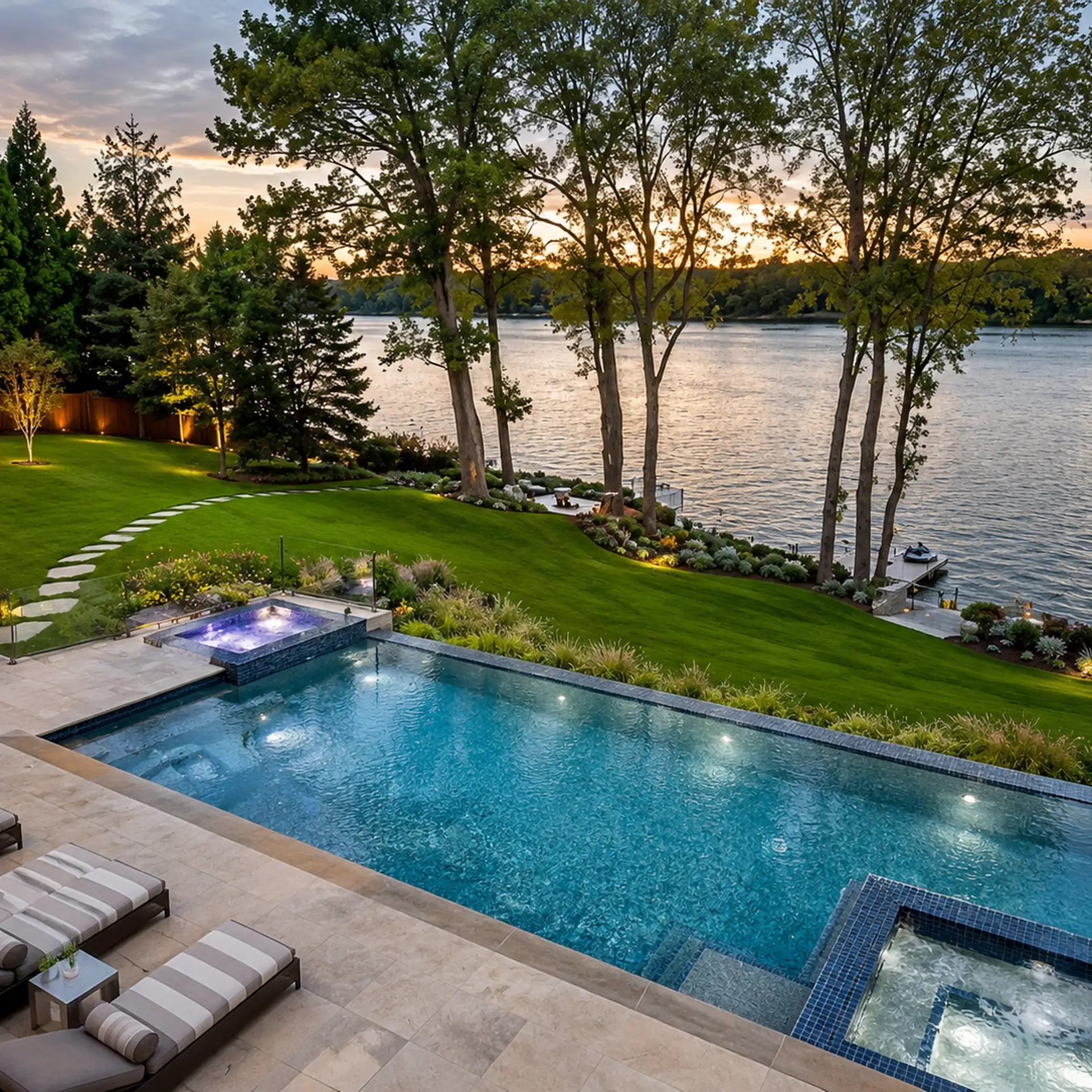 Waterfront luxury custom inground pool and spa with premium stone patio, landscape lighting, and resort-style backyard design on River Falls Drive in Potomac MD.
