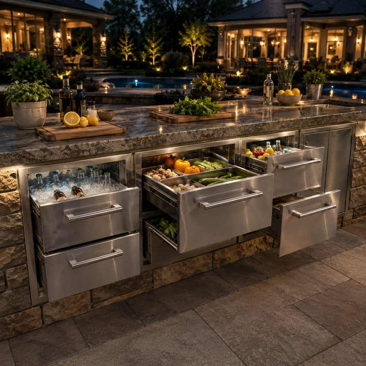 AM Developers LLC built outdoor warming drawers and multi-zone prep stations with stainless storage in a stone BBQ island for a luxury poolside patio kitchen in Bowie MD.