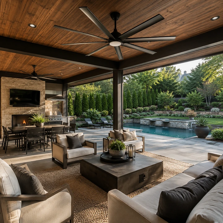 AM Developers LLC built a covered outdoor living room in Bethesda, MD, with a statement ceiling fan, wood ceiling, stone fireplace, outdoor kitchen, dining area, lounge seating, and views of the pool.