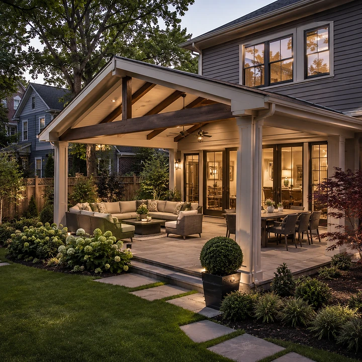 AM Developers LLC built a structural covered patio roof extension in Washington, DC, with gable framing, wood beam, white columns, ceiling lights, fan, dining, and lounge areas.