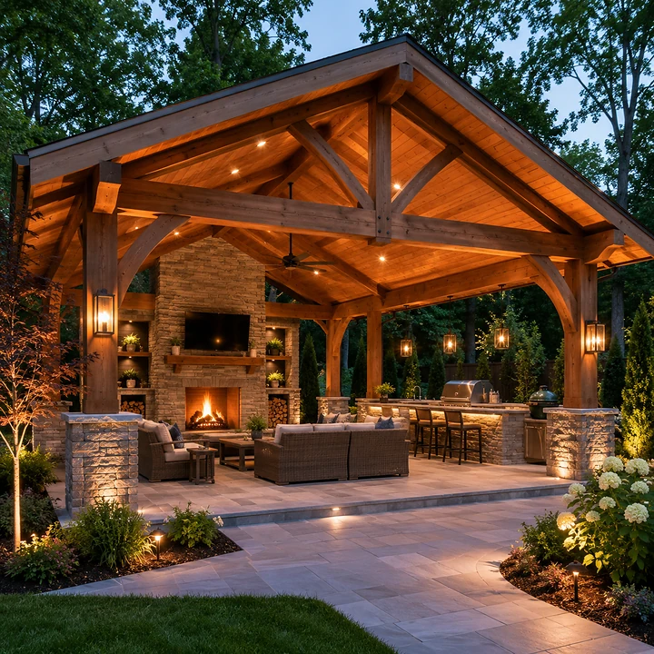 AM Developers LLC built a timber frame pavilion on Black Rock Road in Germantown, MD, with exposed trusses, stone fireplace, outdoor kitchen bar, and lounge seating.