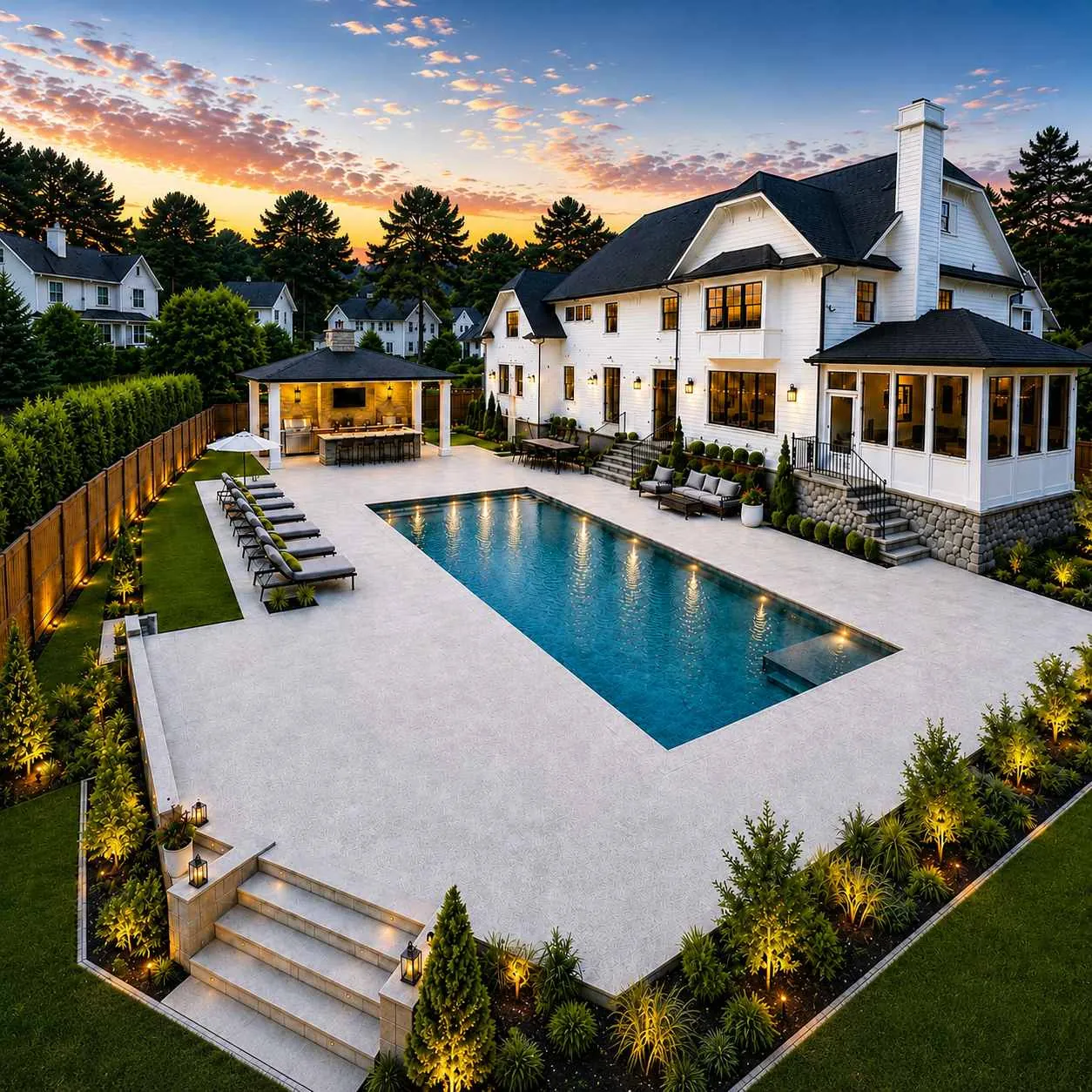 Luxury custom inground pool and high-end outdoor living space on Parkland Trace in Boyds MD, featuring a geometric swimming pool, premium light stone patio, poolside lounge chairs, covered outdoor kitchen pavilion, landscape lighting, privacy hedge, custom home exterior, and resort-style backyard design by AM Developers DMV.