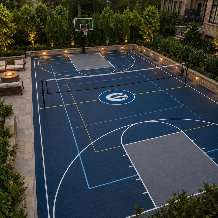 AM Developers LLC built a multi-sport game court with basketball markings, a volleyball net, sport tile surfacing, and LED wall lighting