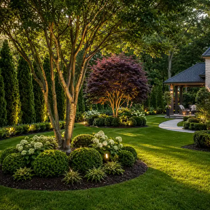 AM Developers LLC created focal-point specimen groupings with ornamental trees, clipped shrubs, hydrangeas, lawn, and landscape lighting