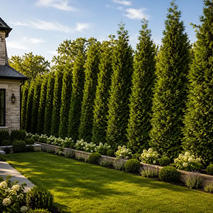 AM Developers LLC installed an acoustic evergreen privacy buffer with mature arborvitae, layered shrubs, stone edging, and a manicured lawn