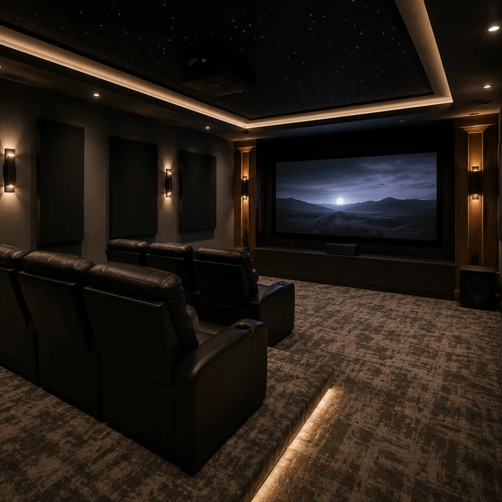 AM Developers LLC built a luxury home theater with acoustic wall panels, recessed lighting, tiered seating, and a custom media wall in Fort Washington
