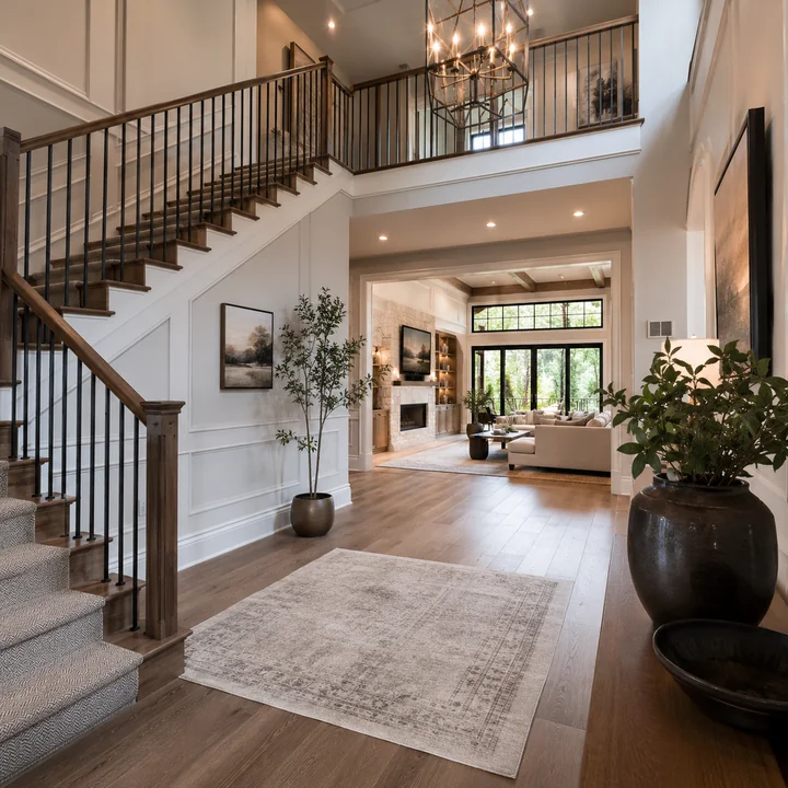 AM Developers LLC planned a luxury estate interior with open sightlines, custom staircase, mezzanine railing, hardwood floors, and great-room access