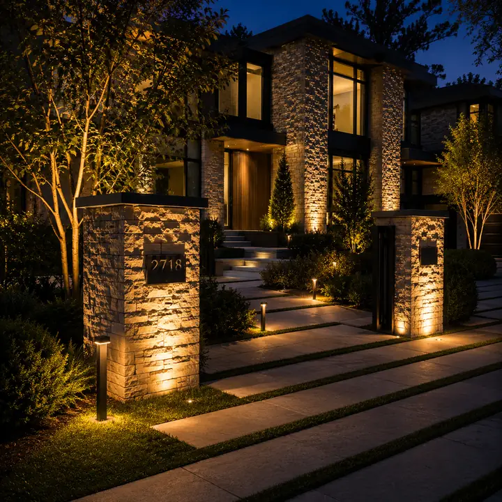 AM Developers LLC installed architectural facade illumination with stone pillar lighting, LED path lighting, and accent tree uplighting for a luxury residence in Prospect St NW, Washington, DC
