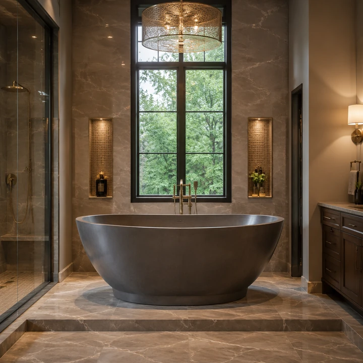 AM Developers LLC installed an architectural freestanding soaking tub with floor-mounted filler, marble tile, glass shower, and recessed niches