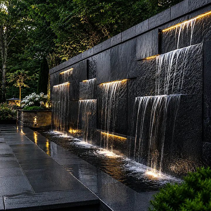 AM Developers LLC built an architectural recirculating water wall in Olney, MD with LED lighting and cascading stone spillways