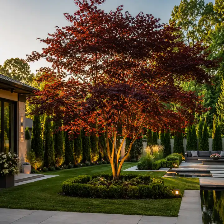 AM Developers LLC installed an architectural specimen tree with Japanese maple planting, manicured lawn, evergreen screening, and garden lighting