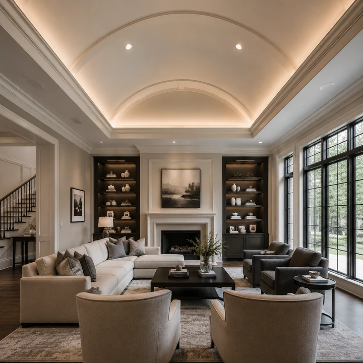 AM Developers LLC built barrel vault ceiling with recessed profiles, concealed LED cove lighting, crown molding, and recessed lights in Rockville, MD