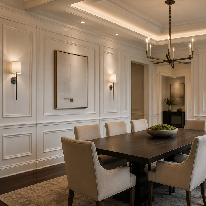 AM Developers LLC built custom wall paneling with raised wainscoting, picture-frame molding, crown trim, and integrated sconces in Rockville, MD