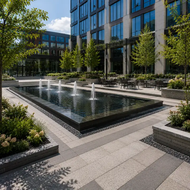 AM Developers LLC built architectural water features with reflecting pools, fountain basins, stone surrounds, and plaza hardscapes in Washington DC