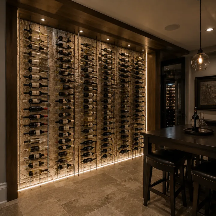 AM Developers LLC built a floating wine display wall with metal cable racks, stone backing, LED accent lighting, and floor-to-ceiling storage