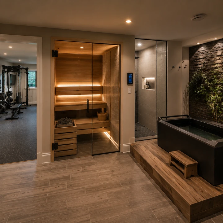 AM Developers LLC built a cedar sauna and cold plunge wellness suite with glass doors, LED lighting, and tiled spa flooring in Alexandria, VA
