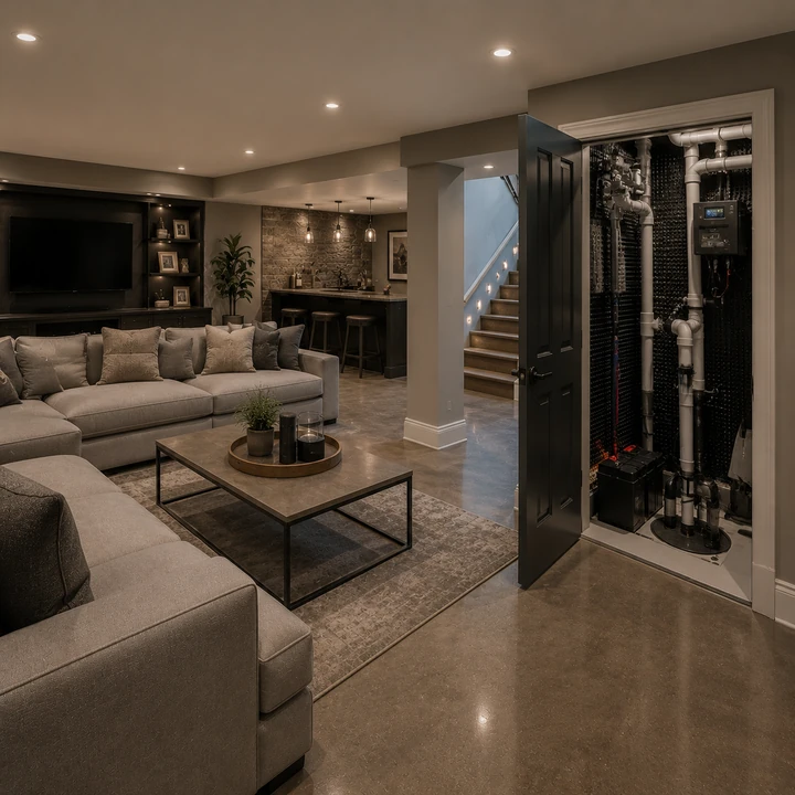 AM Developers LLC built a finished basement with dual sump pumps, exposed drainage piping, battery backup, and a vapor-protected utility enclosure