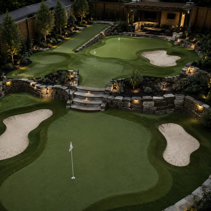 AM Developers LLC built a bespoke short-game facility with contoured putting greens, chipping pods, sand bunkers, and synthetic golf turf