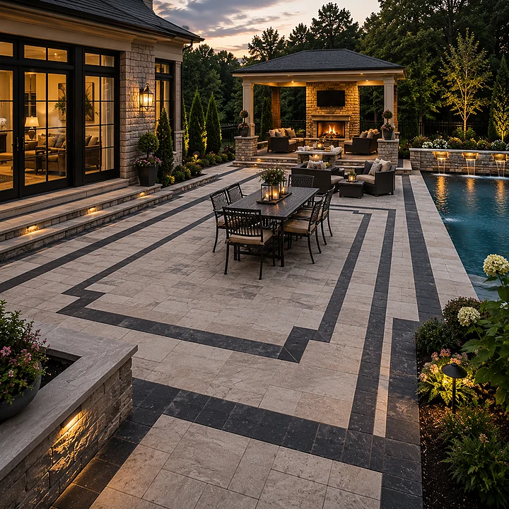AM Developers LLC built a bespoke stone border patio in Germantown, MD, with contrasting ribbon inlays, light pavers, framed borders, poolside dining, fire lounge, and pavilion seating.