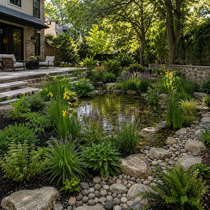 AM Developers LLC built bioretention ponds in Washington, DC, with rain gardens, river stone, aquatic planting, stormwater filtration, and shade trees