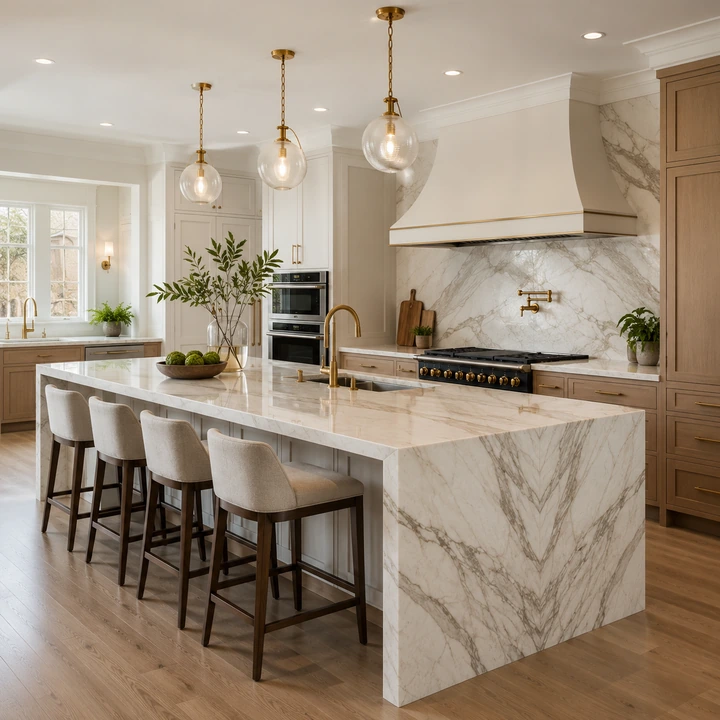 AM Developers LLC installed book-matched countertops, a stone waterfall island, full-slab backsplash, and custom cabinetry in Washington, DC
