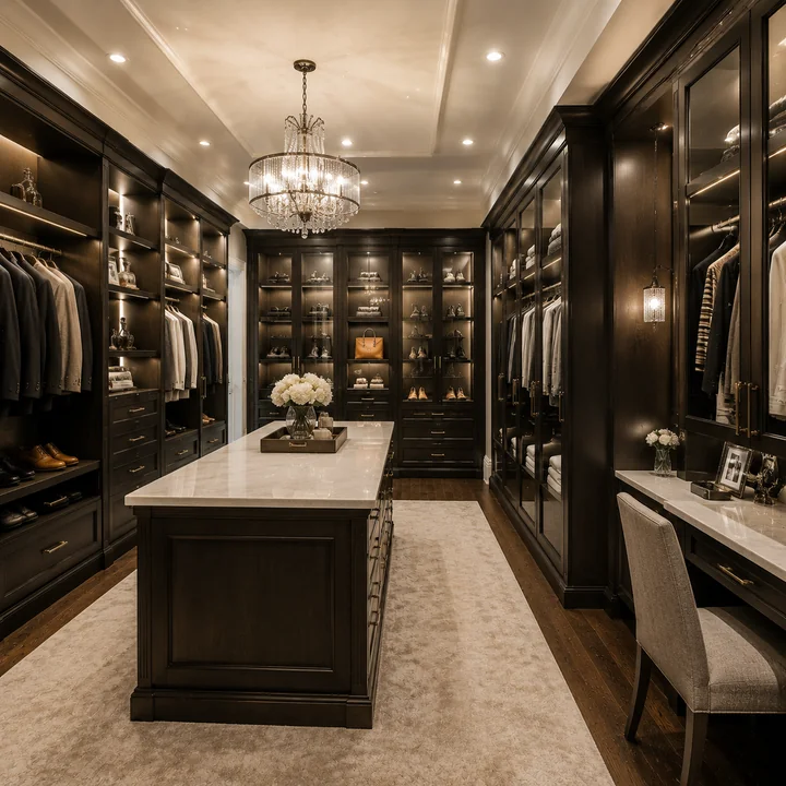 AM Developers LLC built a boutique walk-in closet with glass-front cabinets, a stone-topped storage island, LED lighting, and a vanity station
