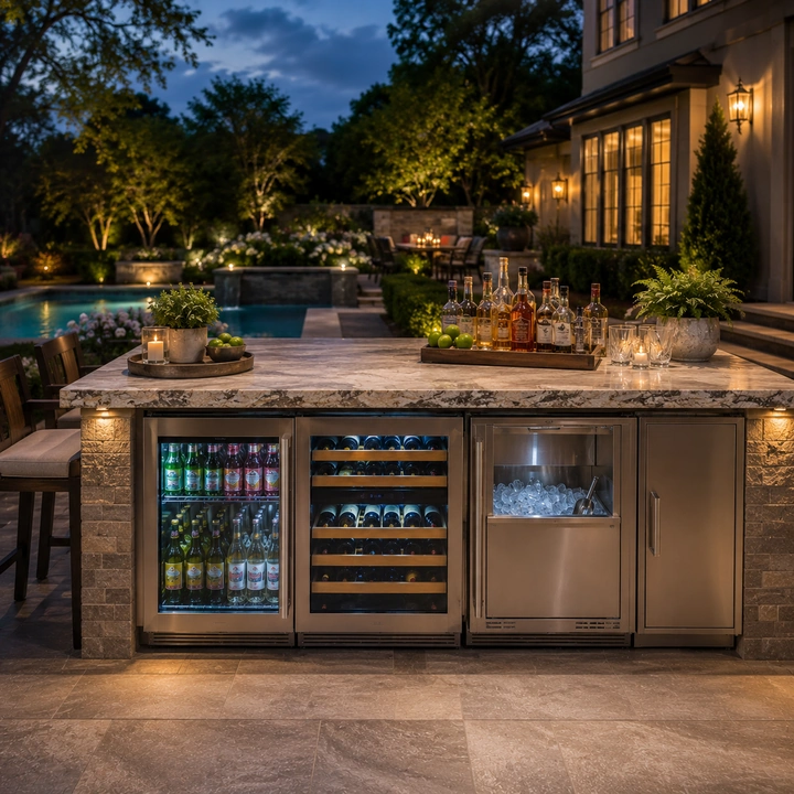 AM Developers LLC built a poolside outdoor bar refrigeration station with under-counter fridge, wine cooler, ice maker, and stone masonry base in Washington DC.