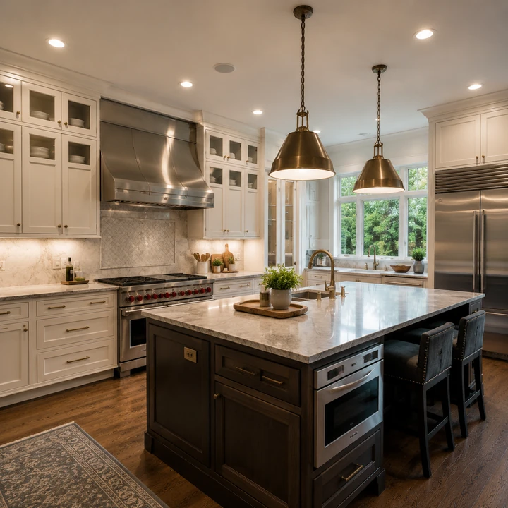 AM Developers LLC built a chef-grade culinary kitchen with quartz countertops, custom range hood, multi-zone workflow, and luxury cabinetry in Oakton