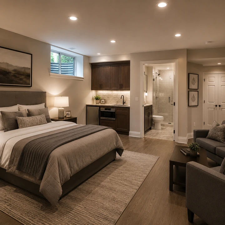 AM Developers LLC built a basement guest suite with an egress window, kitchenette, full bathroom, and private living zone in North Potomac, MD
