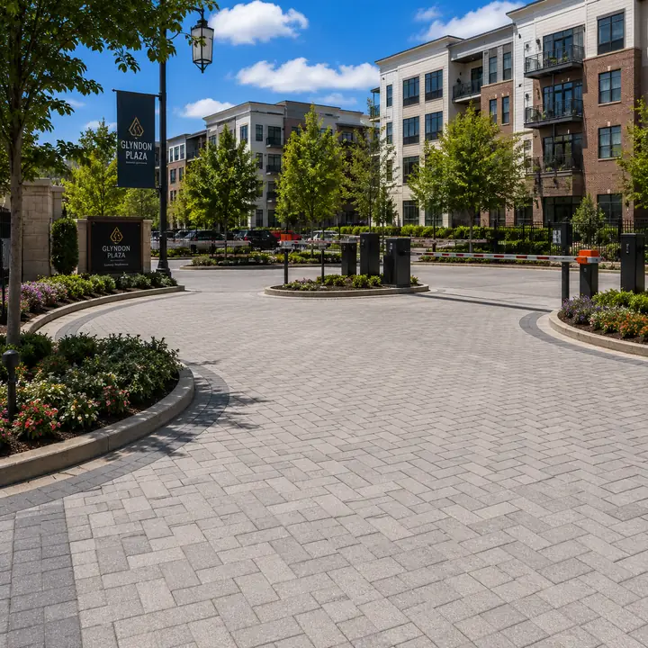 AM Developers LLC built a multi-family drop-off loop with traffic-rated interlocking pavers, gated access, curved borders, and planted islands.
