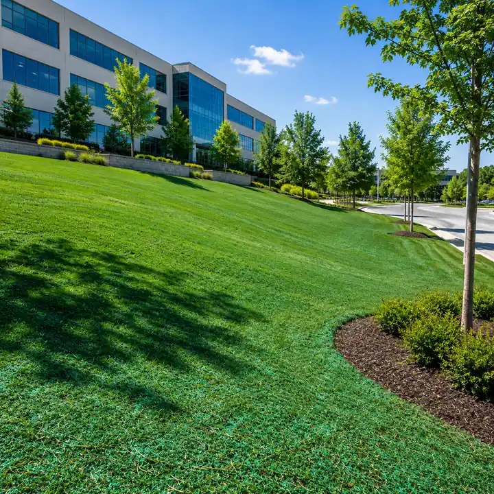 AM Developers LLC installed commercial hydroseeding, hydraulic mulch coverage, slope erosion control, and office campus lawn establishment