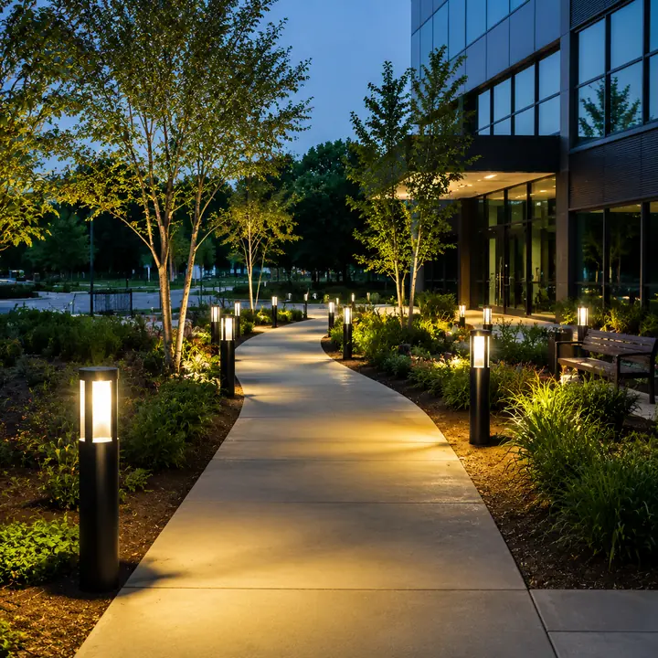AM Developers LLC installed commercial bollard lighting with pedestrian walkway lighting, ADA compliant pathway lighting, and LED outdoor safety illumination in Gaithersburg MD