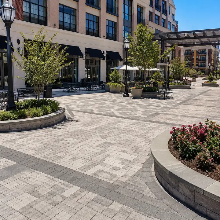 AM Developers LLC built a commercial concrete paver plaza with architectural pavers, curved planters, and high-traffic walkways in Rockville, MD 20850.
