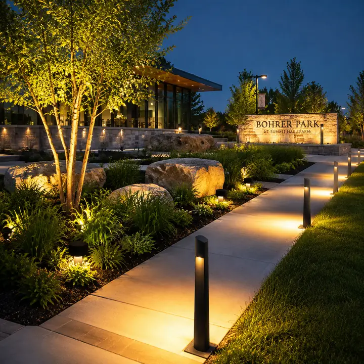 AM Developers LLC installed commercial low voltage LED landscape lighting with walkway lighting, architectural facade lighting, and energy efficient outdoor illumination in Gaithersburg MD