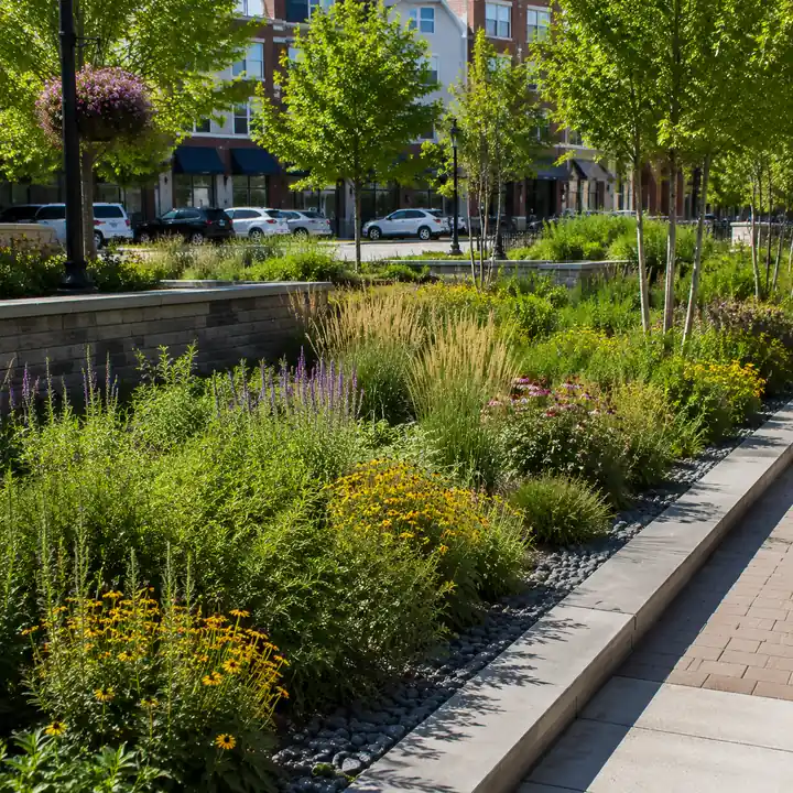 AM Developers LLC installed native plant landscaping with meadow planting, shrubs, perennials, and sustainable softscaping in Gaithersburg MD