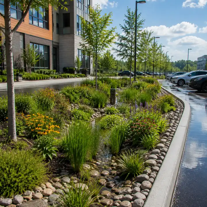 AM Developers LLC built commercial rain gardens with native plants, stormwater filtration, and drainage landscaping in Gaithersburg MD