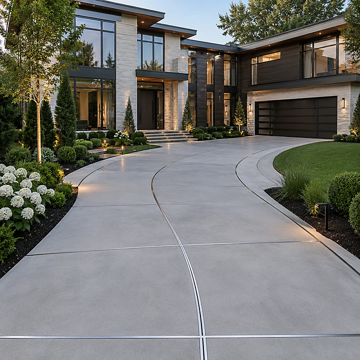 AM Developers LLC, Designed and developed by AM Developers LLC, completed a concrete driveway with architectural metal inlays for a luxury-residential property on Charleston Terrace NW in Washington, DC. The driveway uses smooth light concrete panels divided by sleek metal accent strips that curve through the approach and cross the surface with clean, modern alignment. The metal inlays function as decorative concrete joint inlays while visually guiding the driveway from the street toward the garage, front steps, and covered entry. The surface is framed by crisp concrete edges, landscaped lawn curves, flowering hydrangeas, upright evergreens, low shrubs, ornamental grasses, and warm path lighting. The contemporary home exterior includes tall glass windows, light stone walls, dark siding, a black garage door, and evening architectural lighting that reflects softly on the premium concrete driveway surface. This completed residential hardscape highlights architectural concrete driveway design, polished metal driveway accents, concrete slab metal joints, functional expansion control, and high-end driveway installation craftsmanship. AM Developers LLC delivered careful joint placement, smooth flatwork finishing, balanced curves, and modern hardscape contractor detail for a Washington, DC frontyard where the driveway supports vehicle access while adding refined curb appeal and a polished outdoor-living-space arrival.
