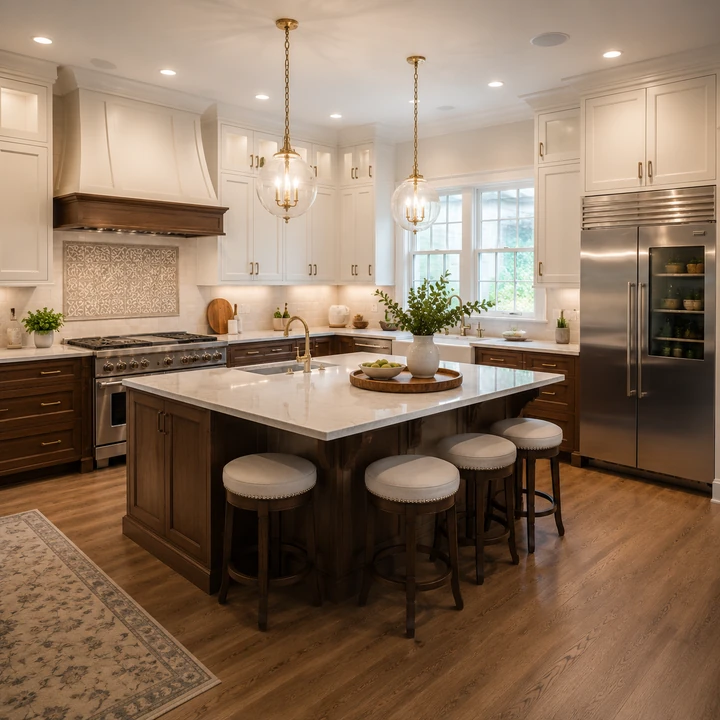 AM Developers LLC built two-tone kitchen cabinets with dark wood lowers, light upper cabinetry, a quartz island, and custom millwork in Washington, DC