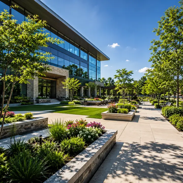 AM Developers LLC built a corporate campus landscape with stone planters, shade trees, softscapes, and pedestrian plaza paths in Rockville